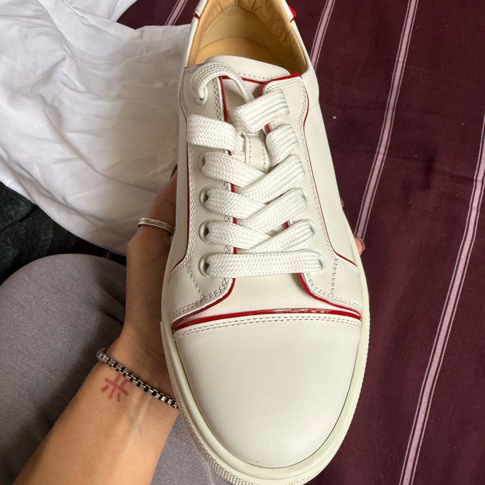 Christian Louboutin White Leather Sneakers with Red Trim - Picture 5 of 8